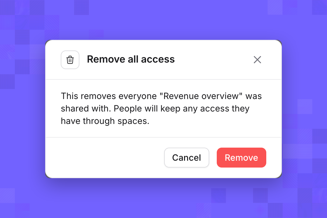 Remove all access confirmation explaining that access through spaces remains, with Cancel and Remove buttons