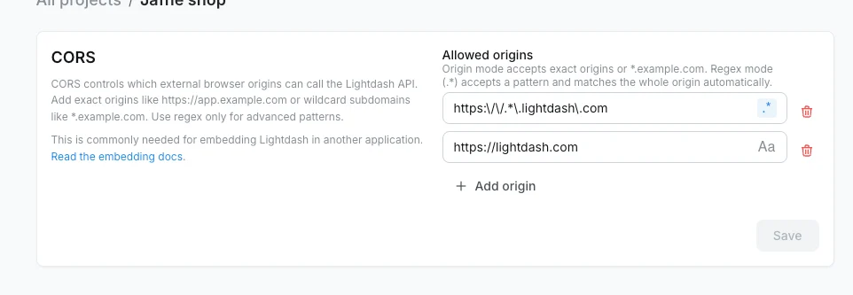 CORS settings panel showing regex and exact origin entries