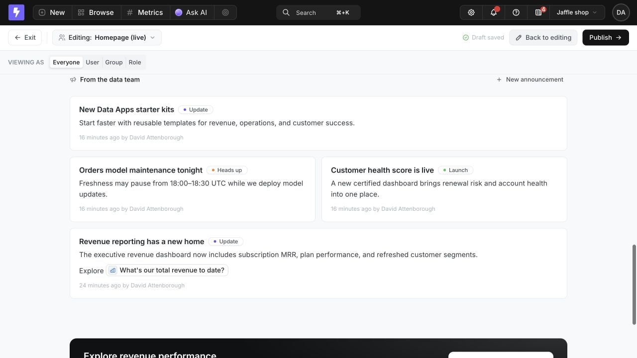 Homepage preview showing four published Data Announcements across Launch, Update, and Heads up categories, including a linked revenue chart mention