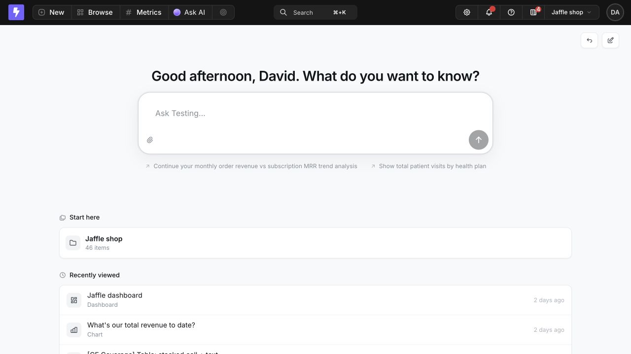 A published Lightdash homepage with an Ask AI composer, a curated Start here collection, recently viewed content, and popular content