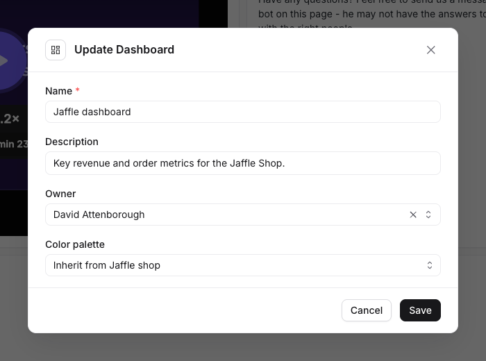 The Update Dashboard form with an Owner field set to a team member