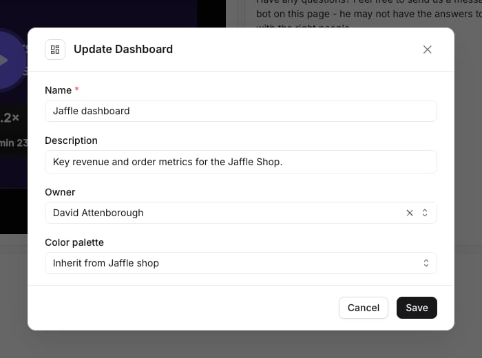 The Update Dashboard form with an Owner field set to a team member
