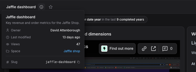 The dashboard info popover listing the owner alongside last modified, views, and space