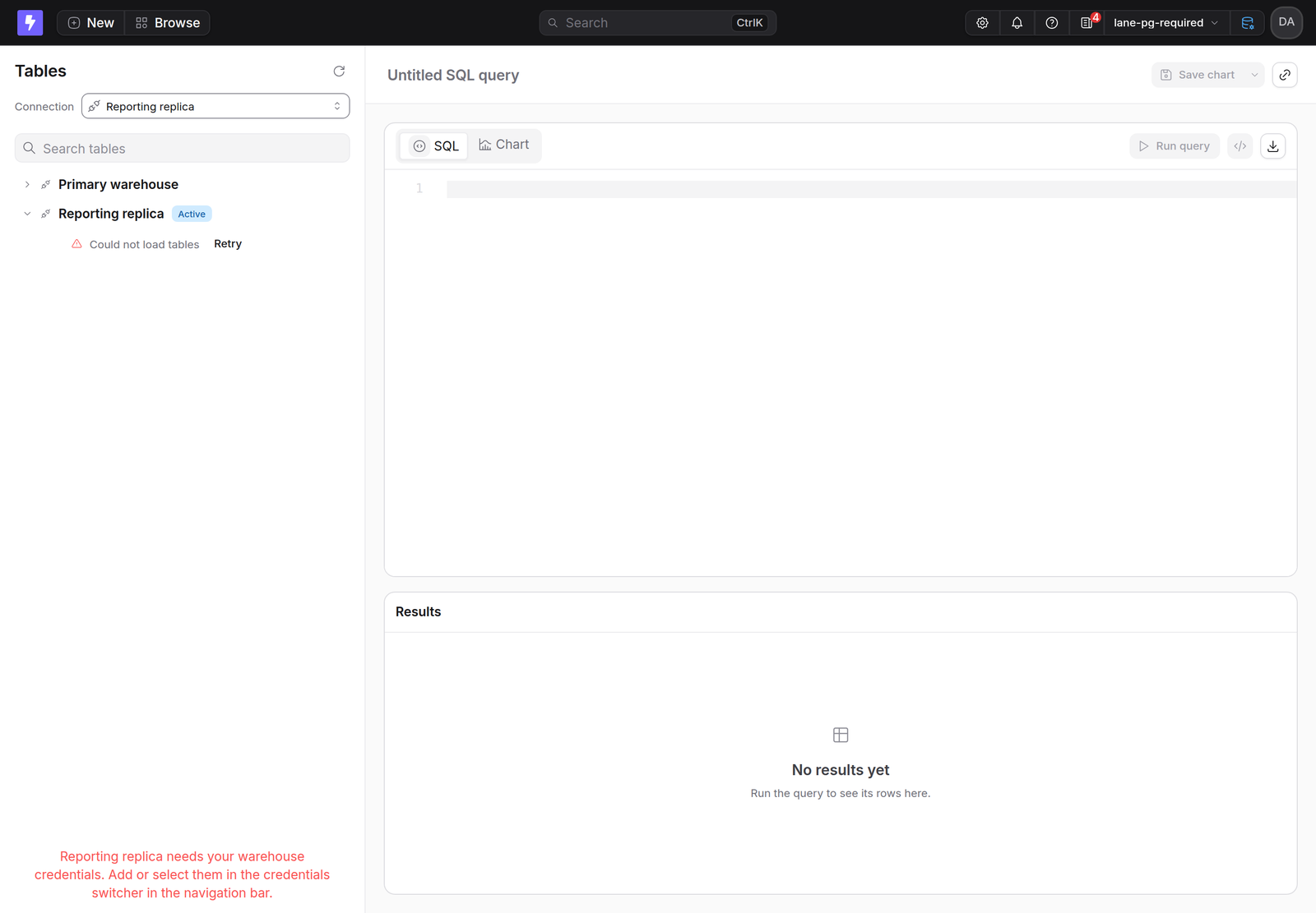 The SQL runner on Reporting replica without personal credentials, with a message that names the connection and points to the credentials switcher