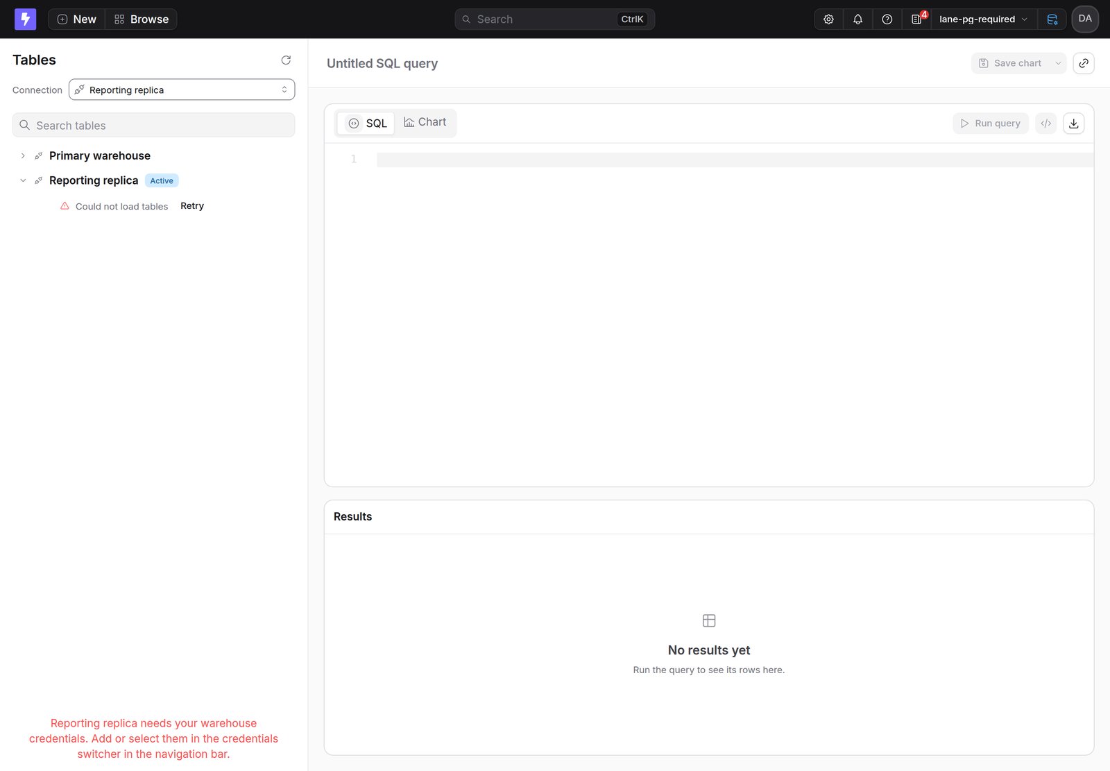 The SQL runner on Reporting replica without personal credentials, with a message that names the connection and points to the credentials switcher