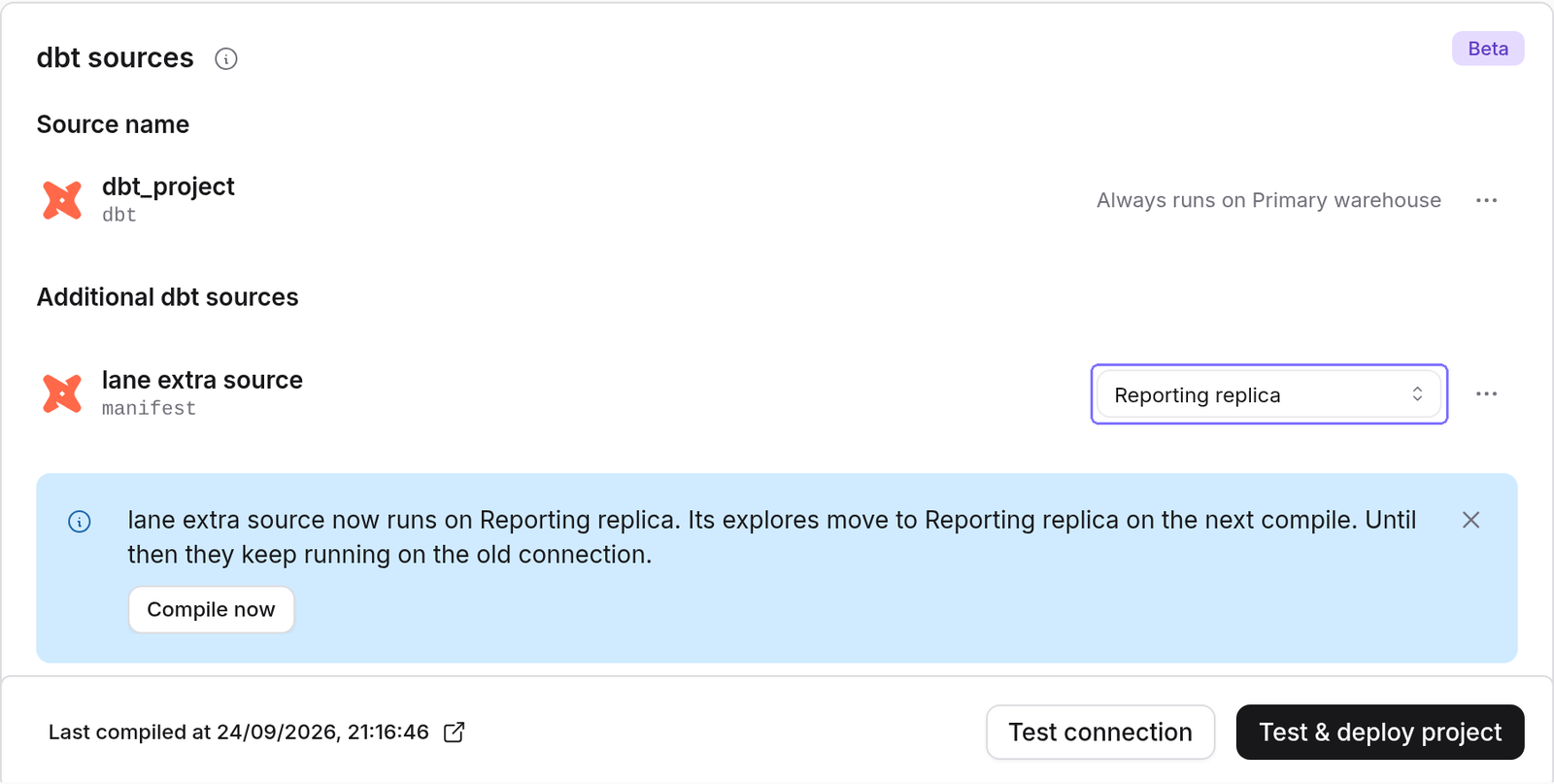 The dbt sources panel with the connection select of an additional source highlighted and set to Reporting replica, and a note offering Compile now