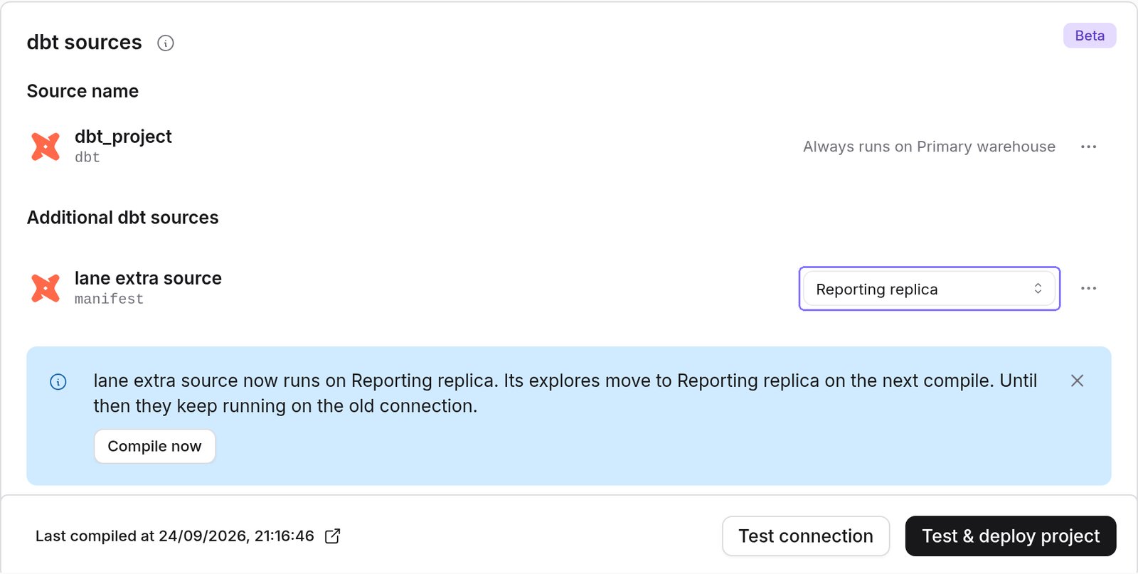 The dbt sources panel with the connection select of an additional source highlighted and set to Reporting replica, and a note offering Compile now