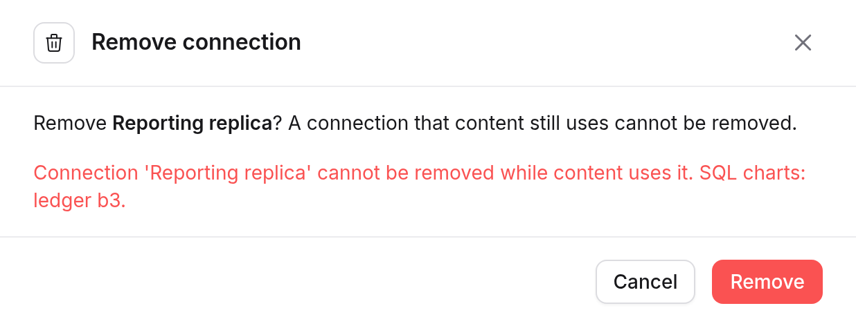 The Remove connection dialog refusing to remove Reporting replica because a SQL chart uses it