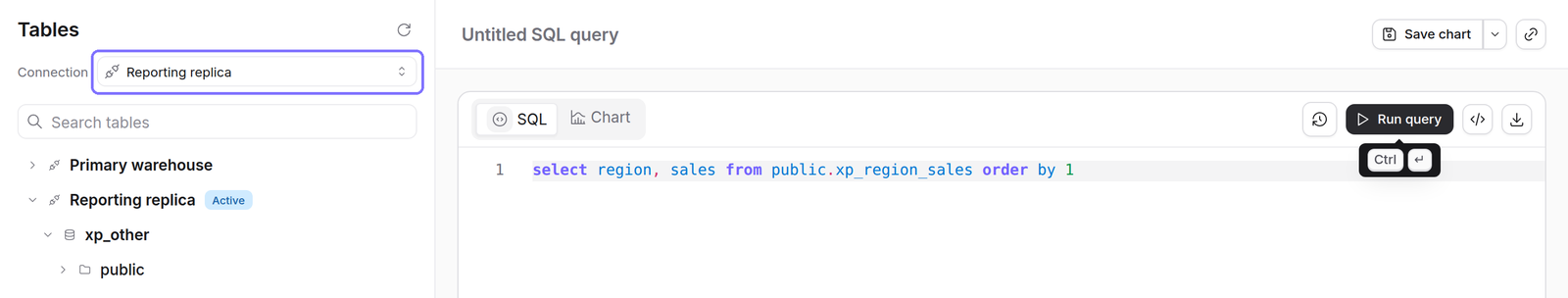 The SQL runner with the Connection picker highlighted and set to Reporting replica, and both connections in the table tree