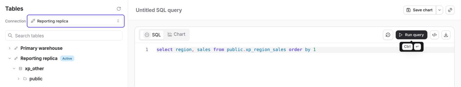 The SQL runner with the Connection picker highlighted and set to Reporting replica, and both connections in the table tree