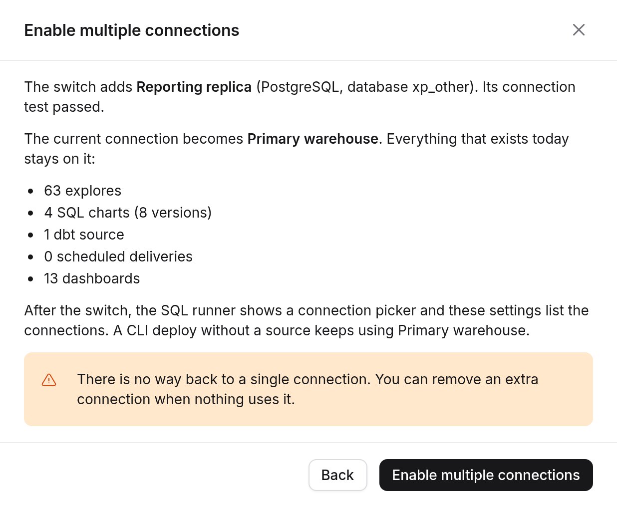 The review step of the Enable multiple connections dialog, listing the added connection, the content that stays on the current connection and the no-way-back warning