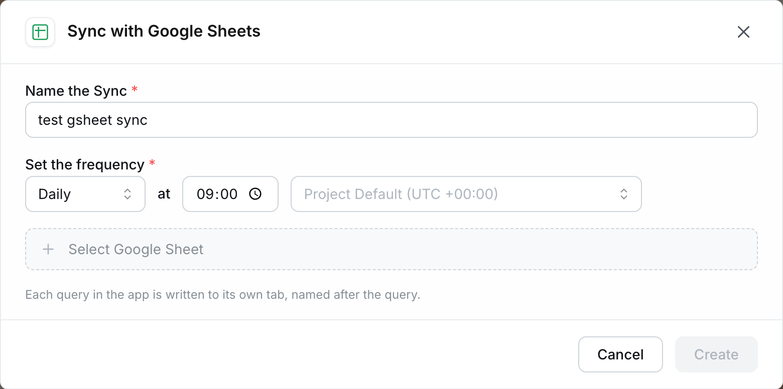 The Sync with Google Sheets create form for a data app, with name, frequency, and Select Google Sheet controls