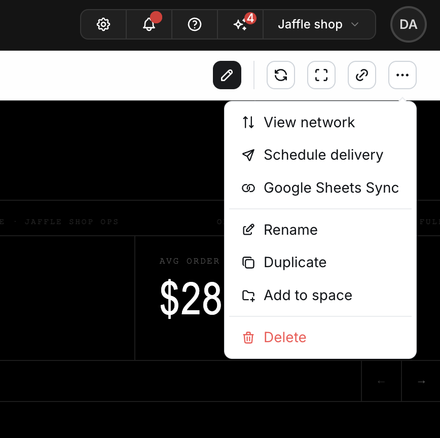 The data app header menu, with Schedule delivery and Google Sheets Sync entries