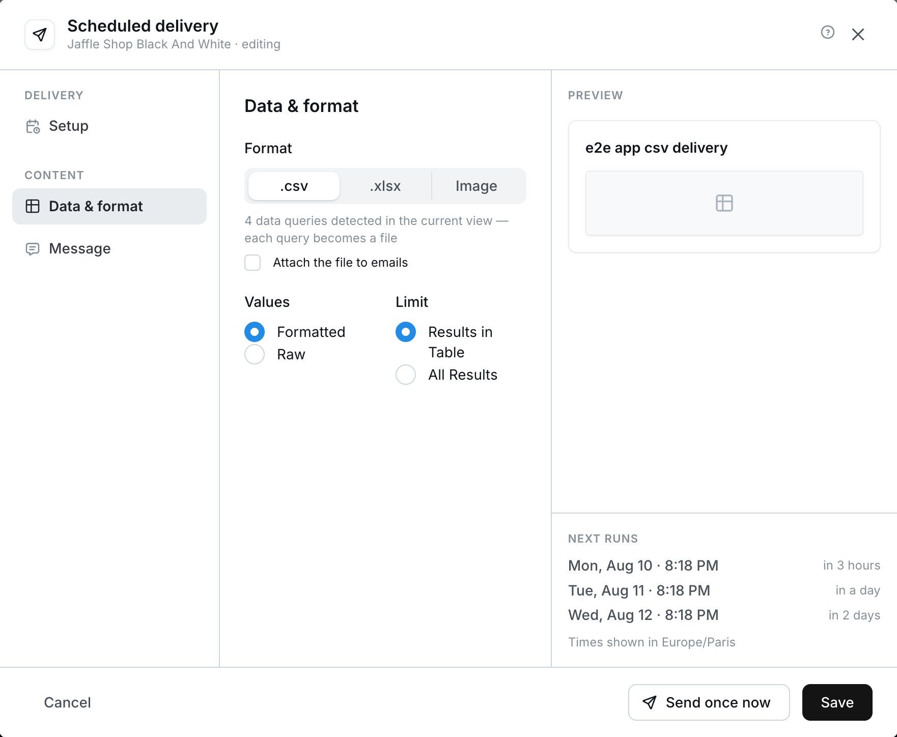 The Data & format section of an app scheduled delivery, showing the csv, xlsx and Image formats, the detected query count, and the Results in Table and All Results limit options