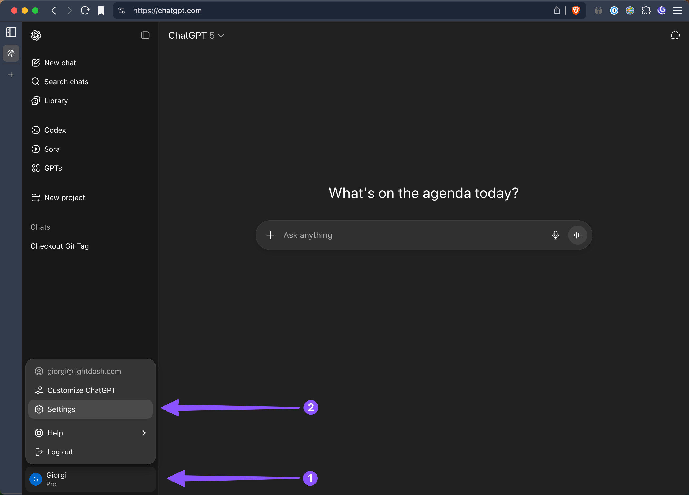 ChatGPT profile menu with Settings highlighted