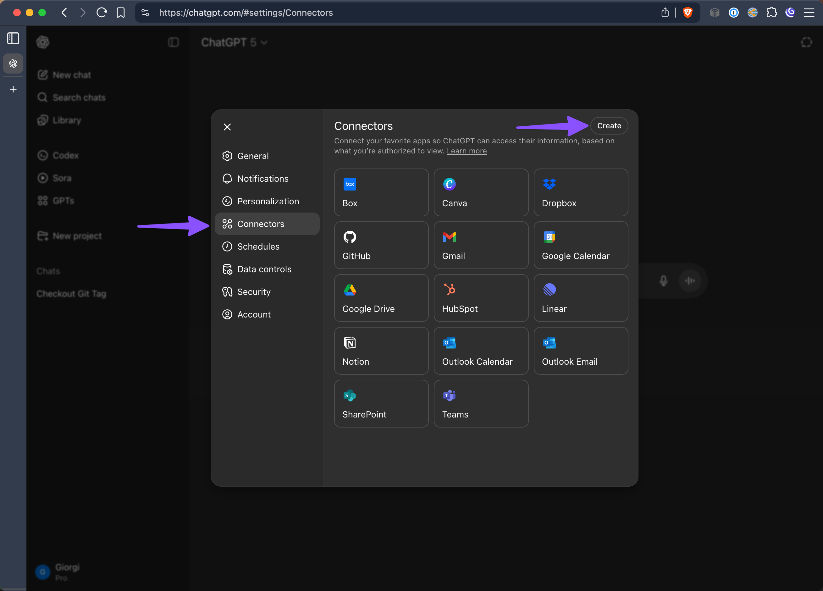 ChatGPT Connectors settings with the Create button highlighted