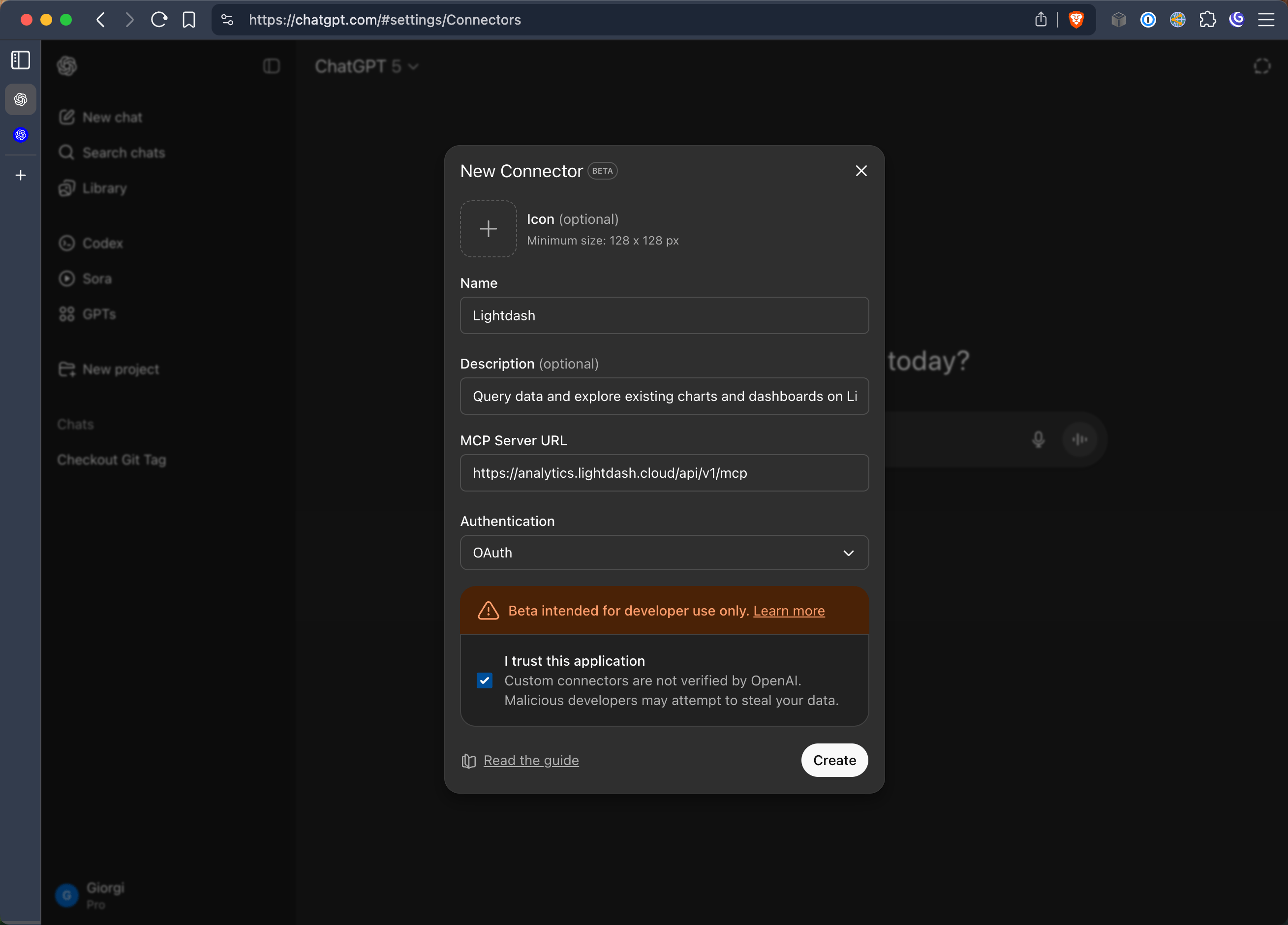 ChatGPT connector form configured with the Lightdash MCP URL and OAuth authentication