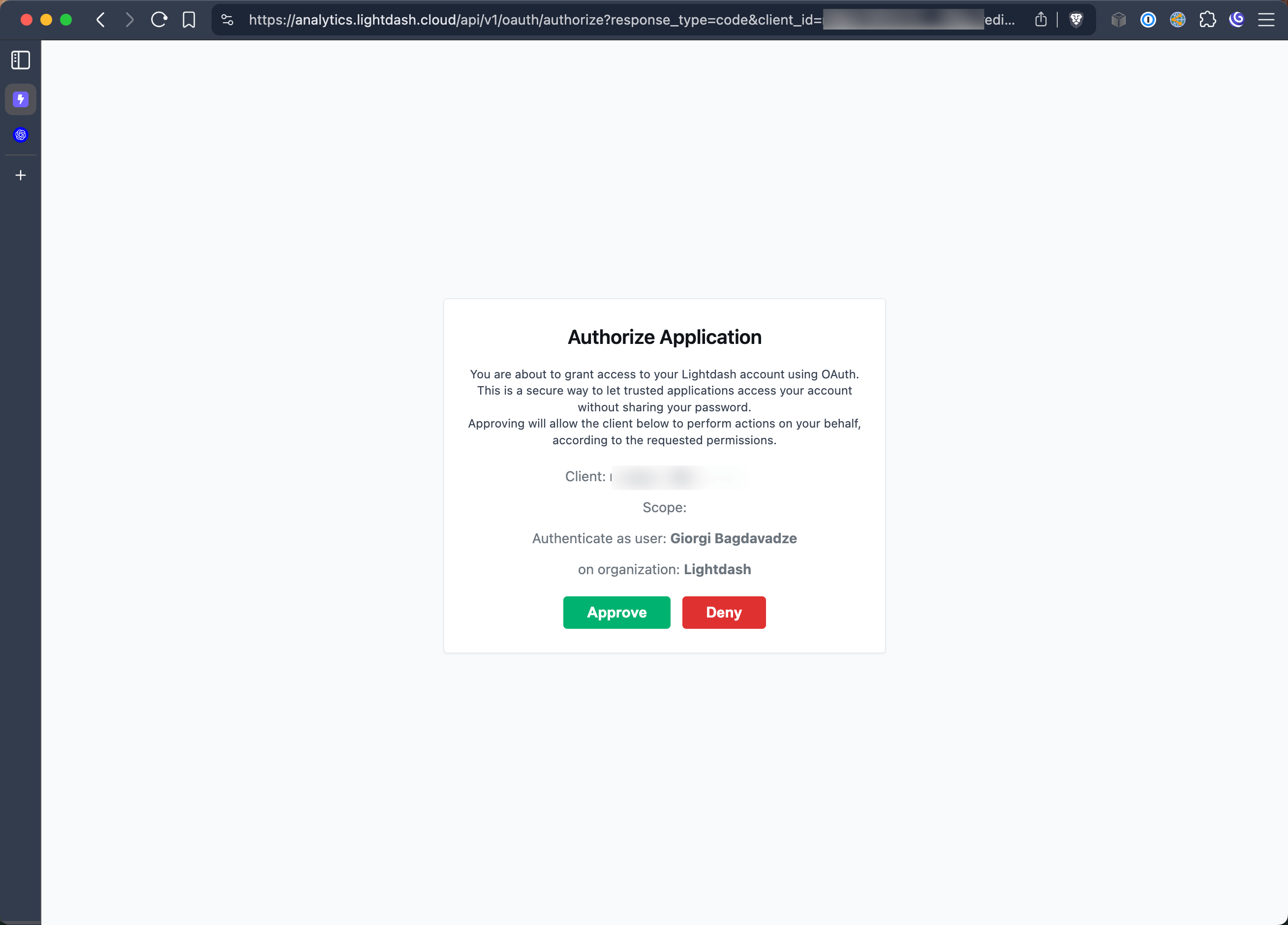 Lightdash authorization screen for approving the ChatGPT connector