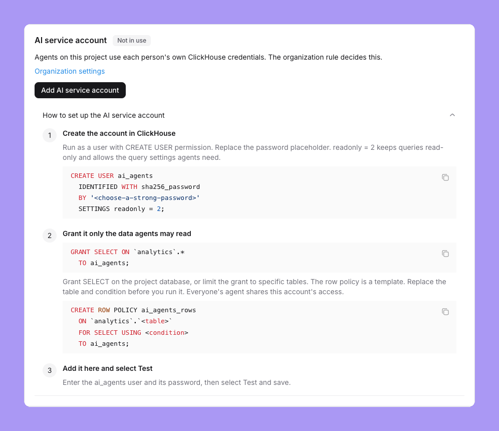 The shared agent account card on a ClickHouse project, marked Not in use, with an Add shared agent account button and the setup steps: the CREATE USER SQL with readonly = 2, the GRANT SELECT statement, the row policy template, and Add it here and select Test