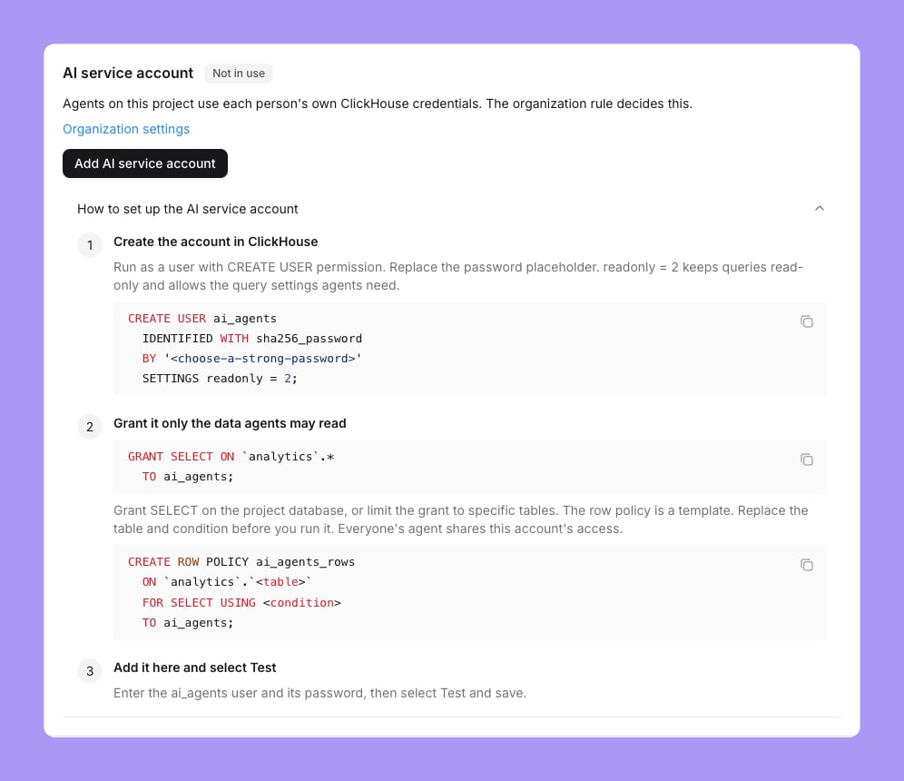 The shared agent account card on a ClickHouse project, marked Not in use, with an Add shared agent account button and the setup steps: the CREATE USER SQL with readonly = 2, the GRANT SELECT statement, the row policy template, and Add it here and select Test