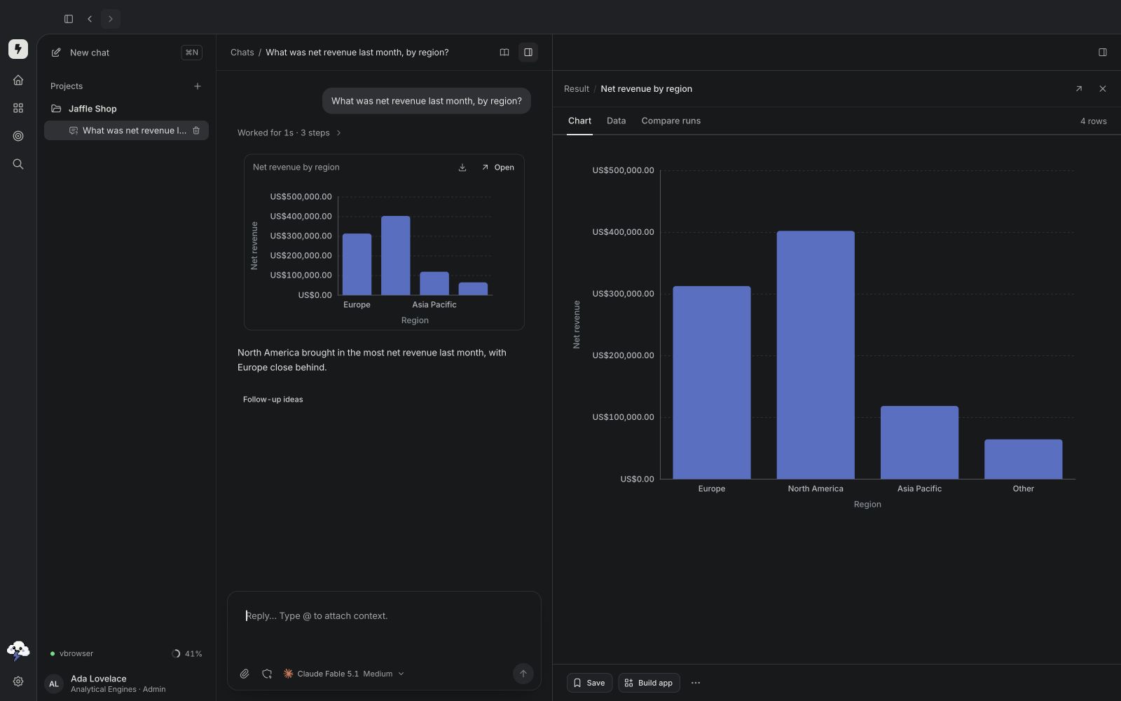 Lightdash Desktop in dark mode, answering the same sample revenue question with a chart beside the conversation.