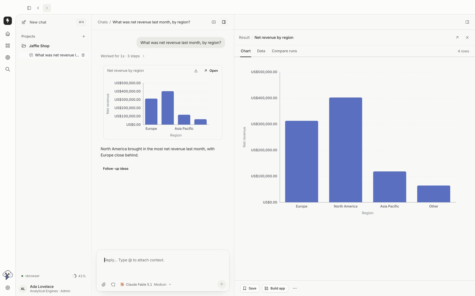 Lightdash Desktop in light mode, answering a sample revenue question with a chart and Save and Build app actions.