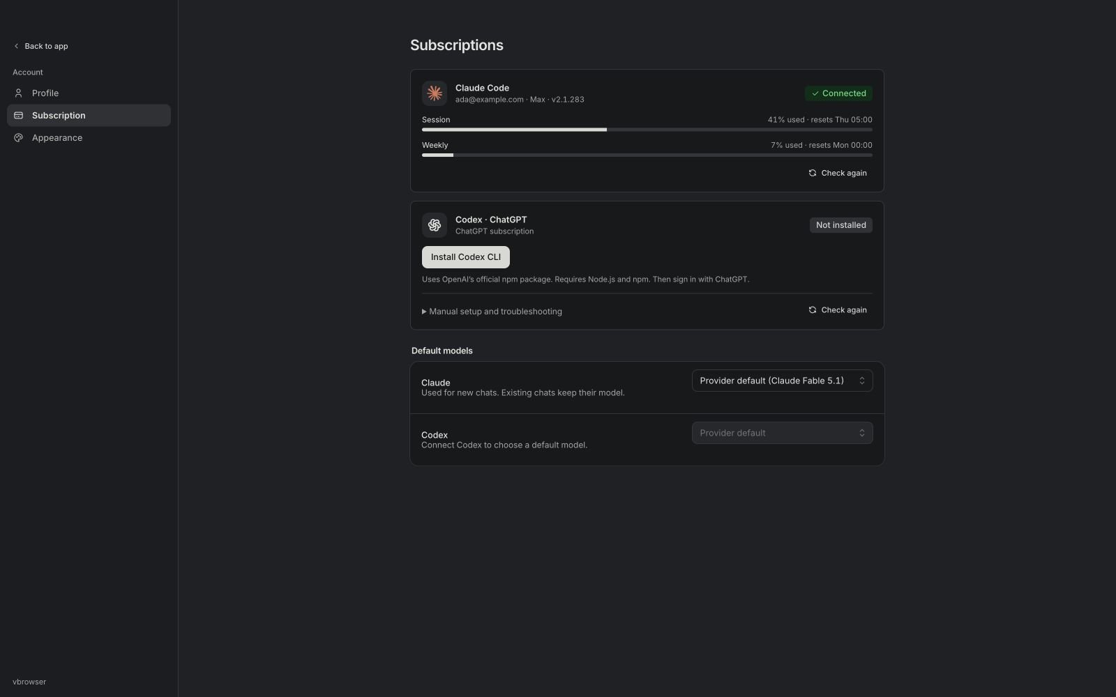 Lightdash Desktop subscription settings in dark mode, with Claude Code connected and Codex available to set up.