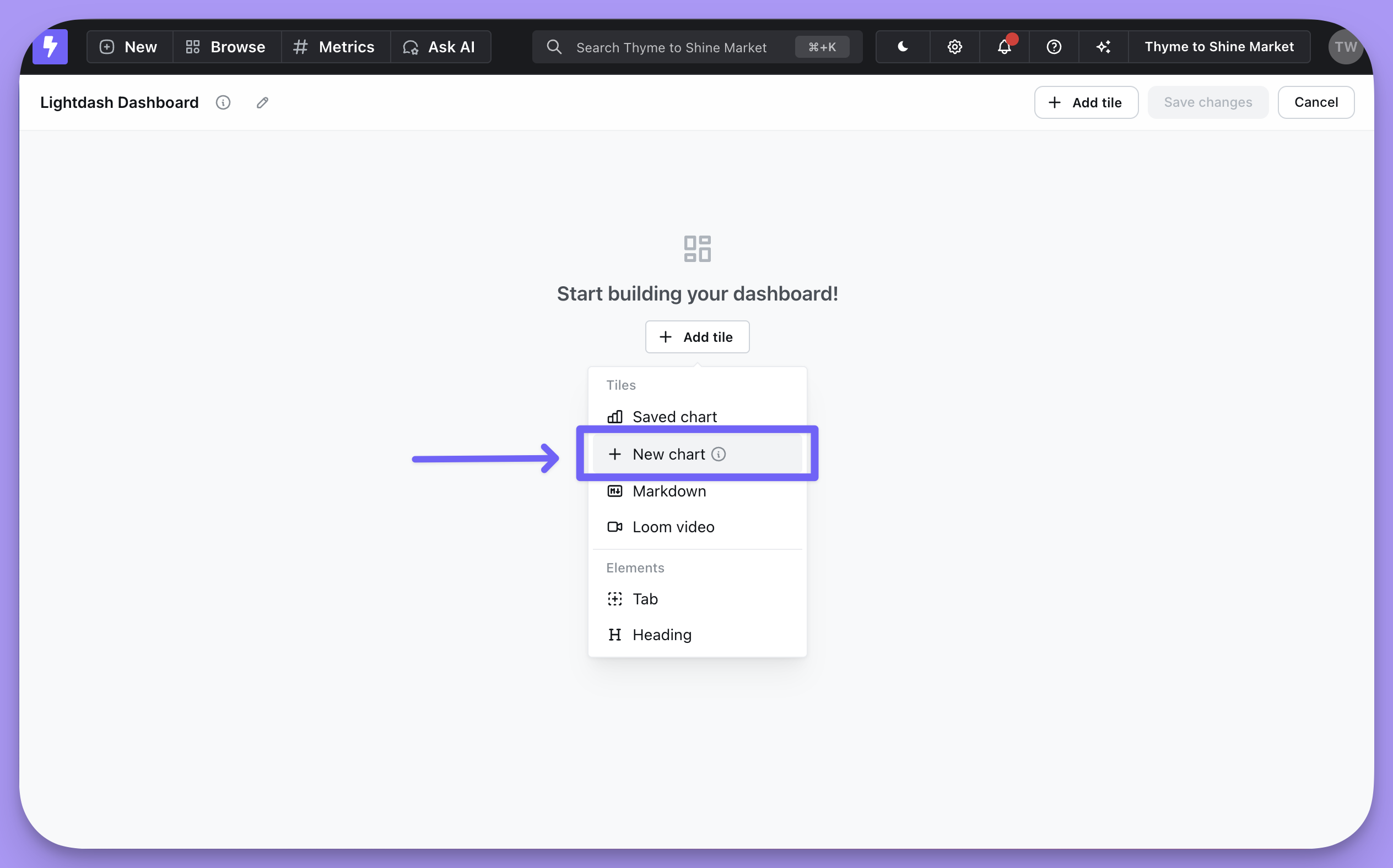 Creating a new chart from inside a dashboard