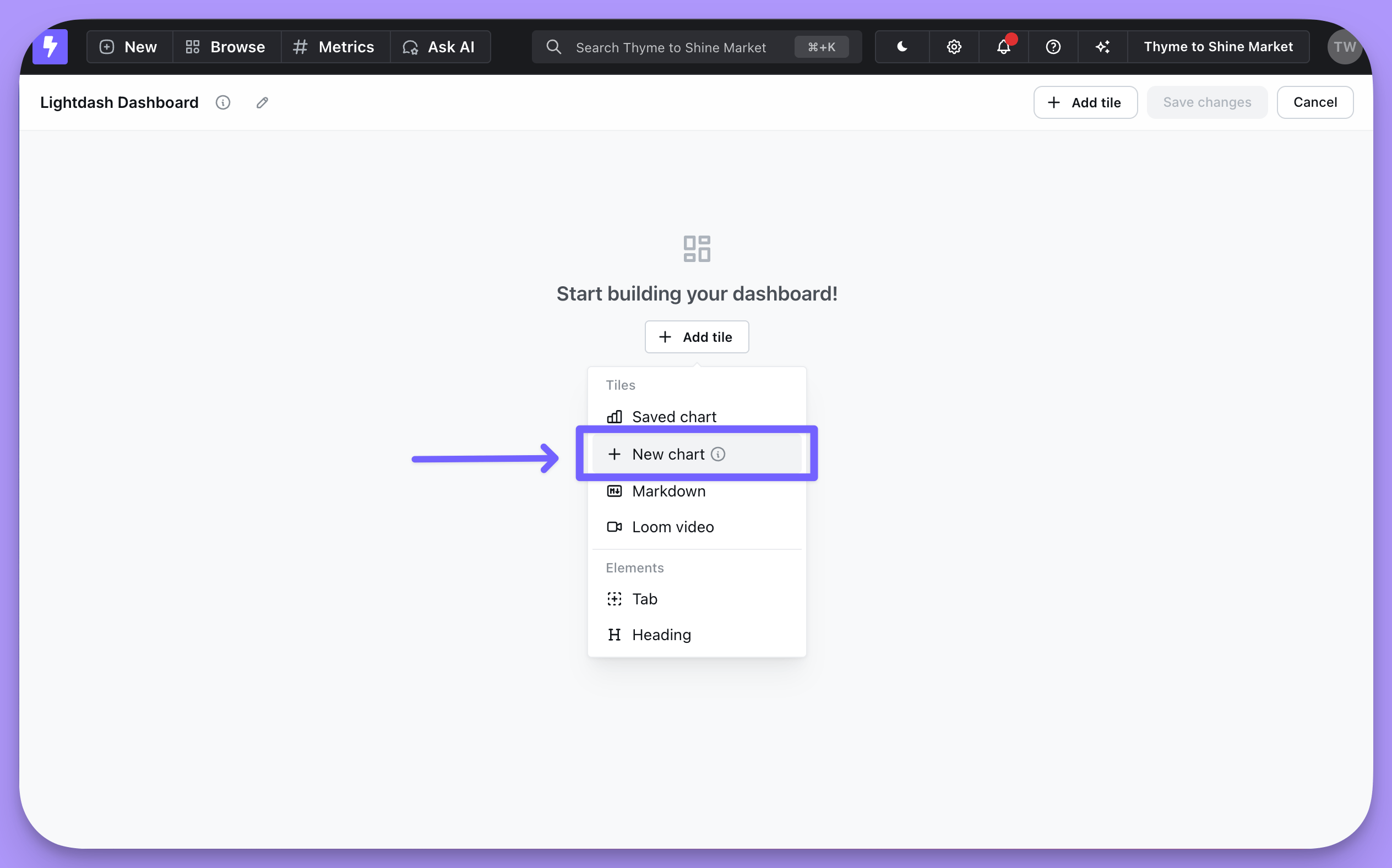 Creating a new chart from inside a dashboard