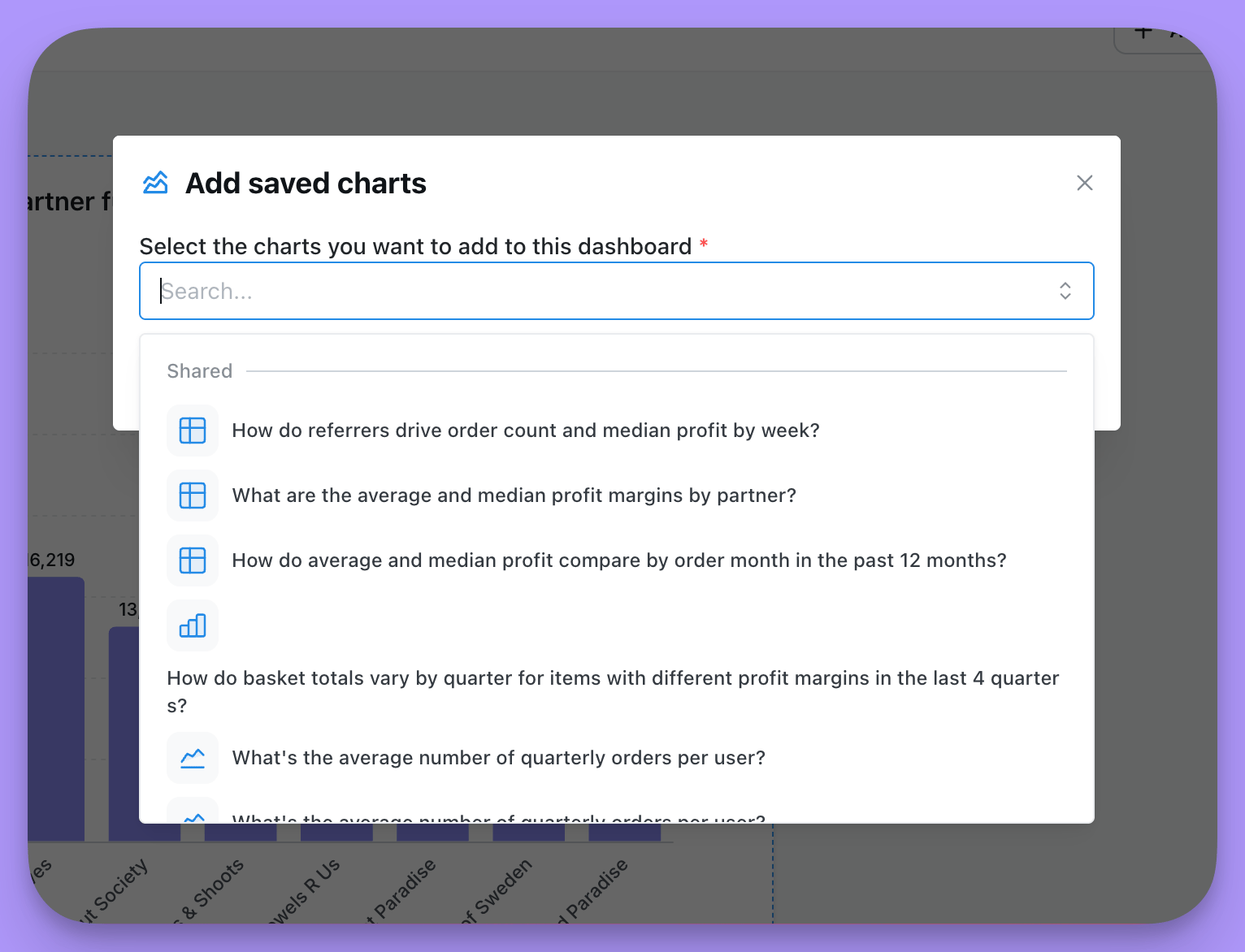 Adding a saved chart as a dashboard tile