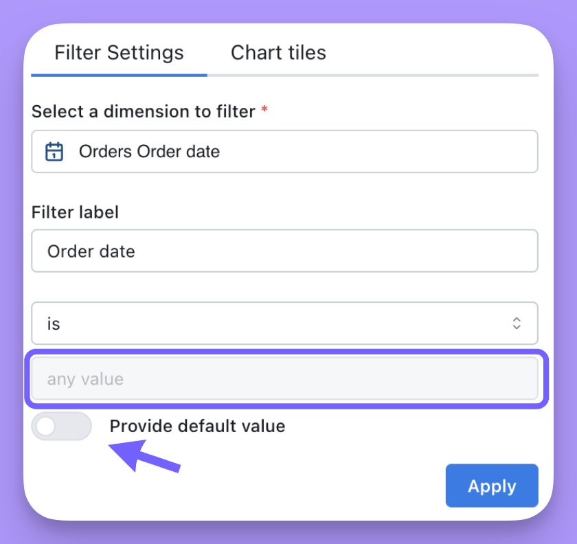 A dashboard filter saved with no default value
