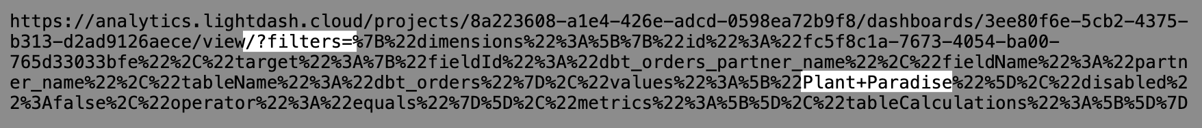 A dashboard URL containing an encoded filters parameter