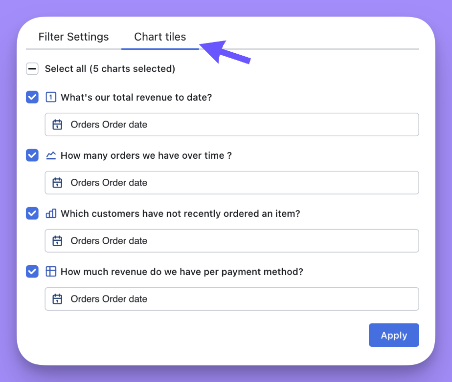 The Tiles tab listing every tile the filter can apply to