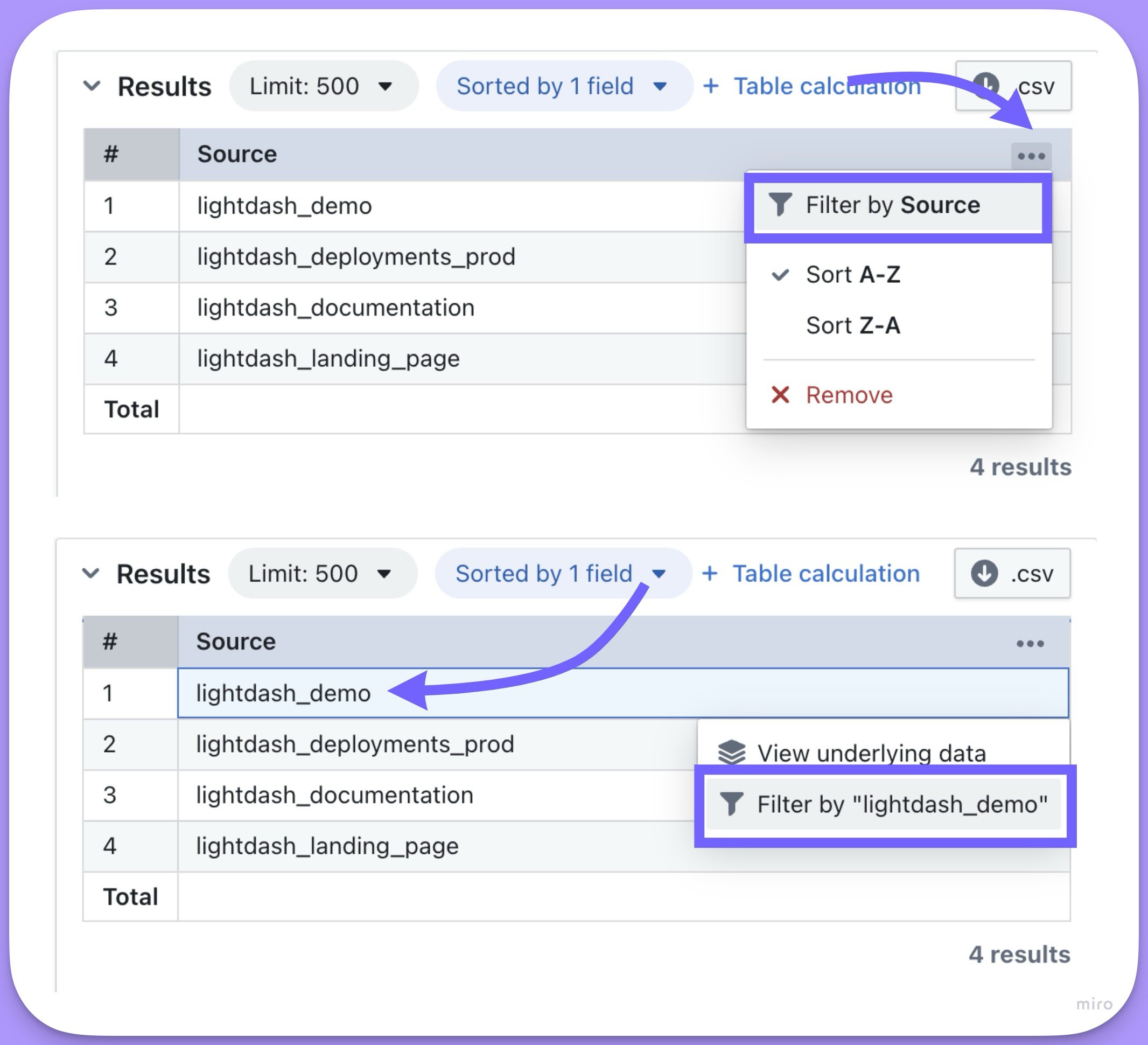 Adding a filter from the results table column menu