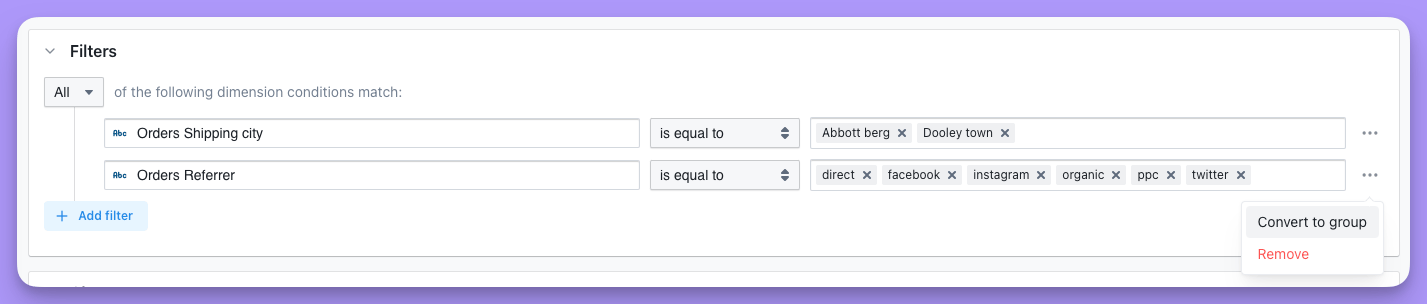 Converting a filter into a filter group