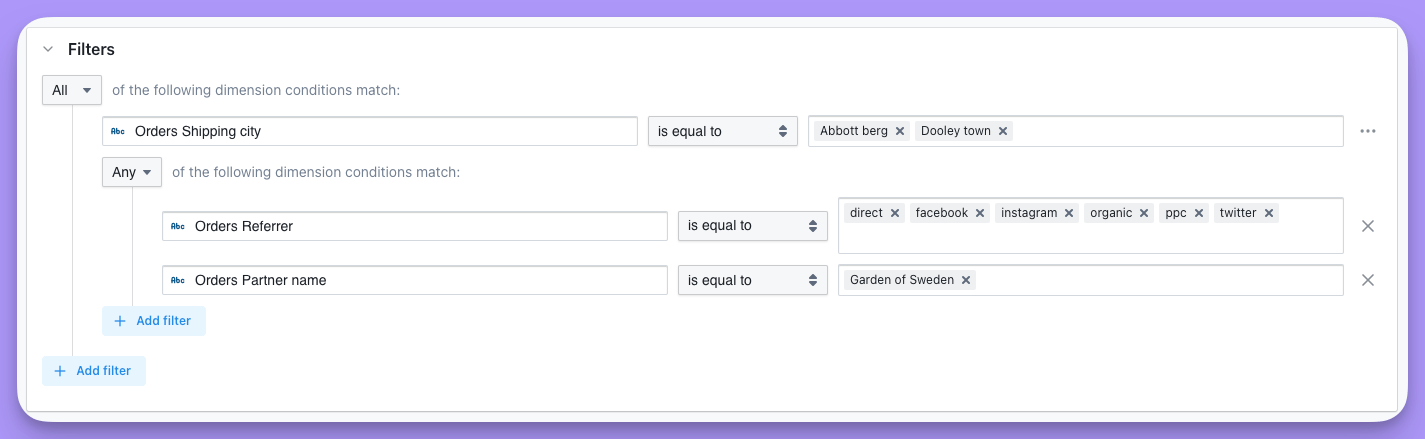 A nested filter group with two conditions