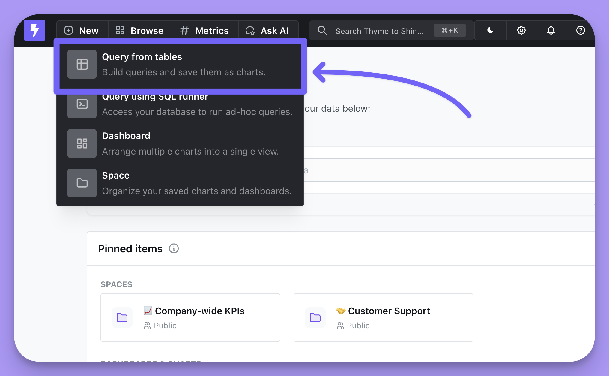 The Query from tables option in the New menu