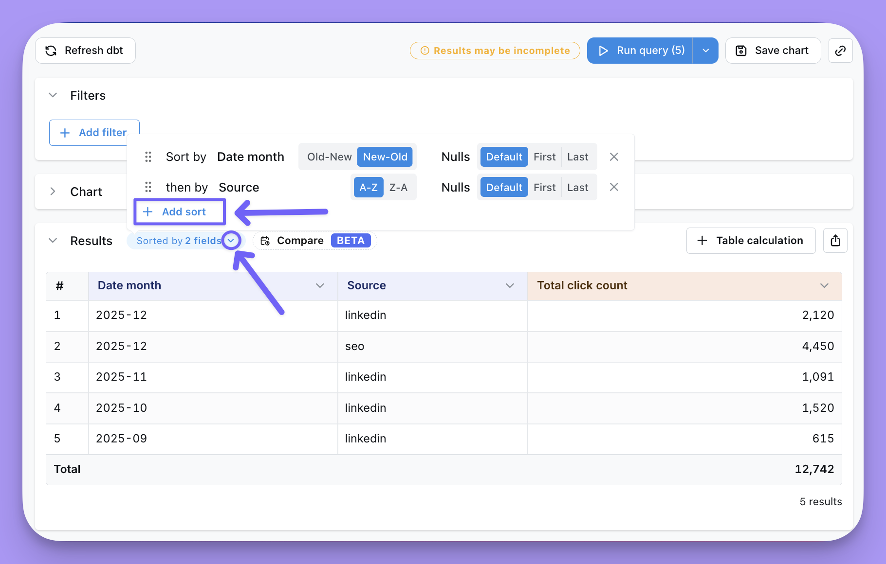 The sort menu with multiple sort rules