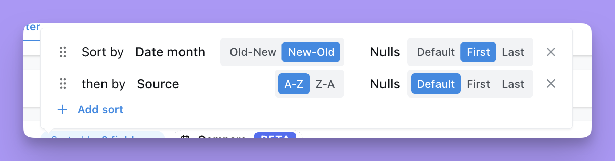 The NULL sorting control in the sort menu