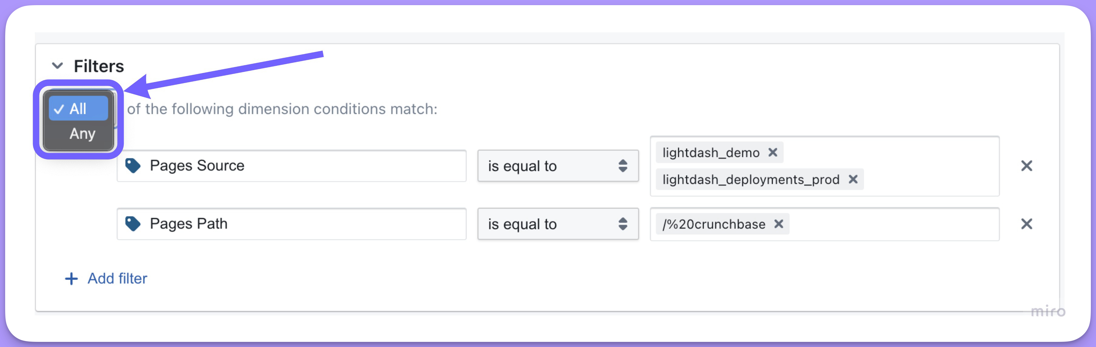 The ALL or ANY selector above a set of filters