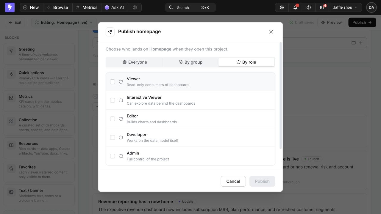 The Publish homepage dialog with Everyone, By group, and By role audiences and the built-in project roles listed