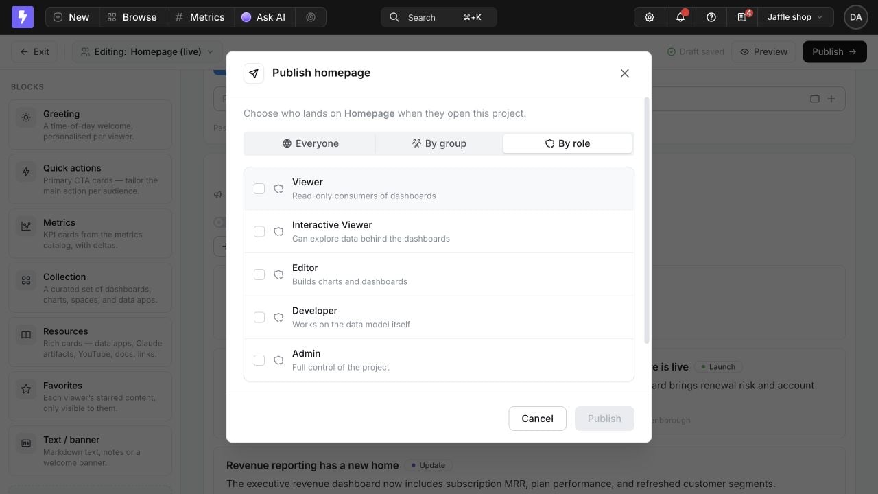 The Publish homepage dialog with Everyone, By group, and By role audiences and the built-in project roles listed