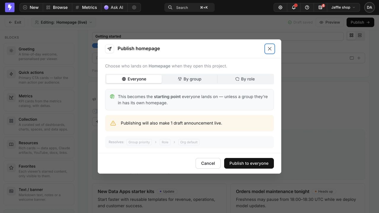 The Publish homepage dialog warning that publishing will also make one draft announcement live