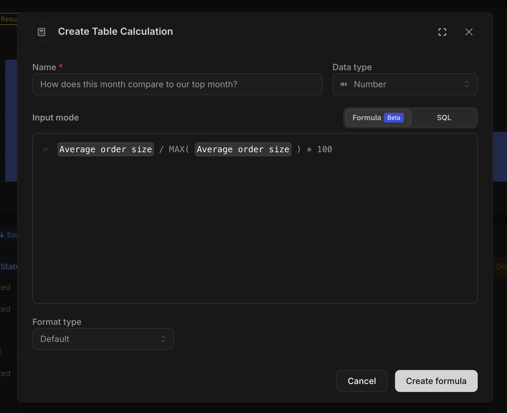 Creating a formula table calculation