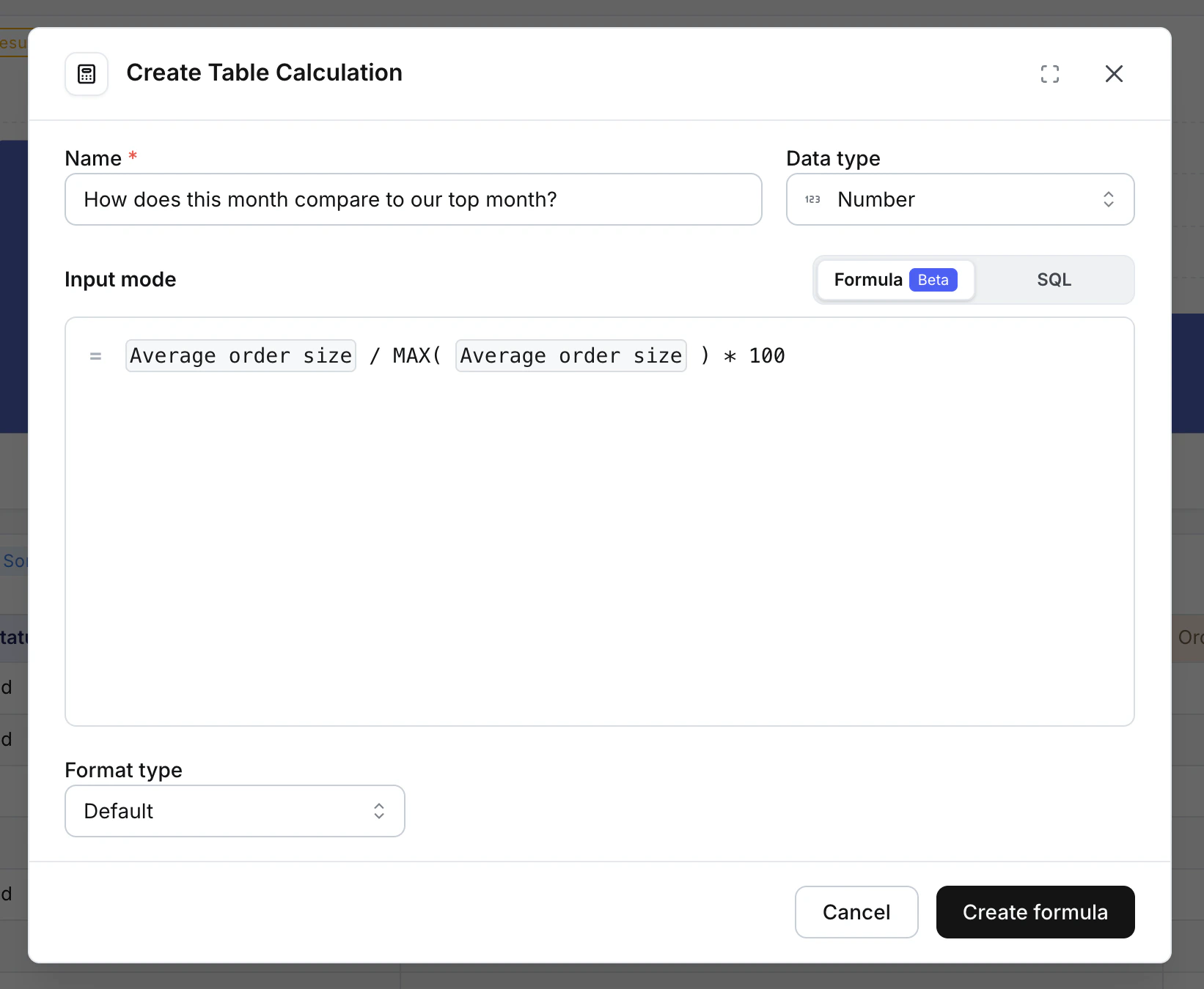 Creating a formula table calculation