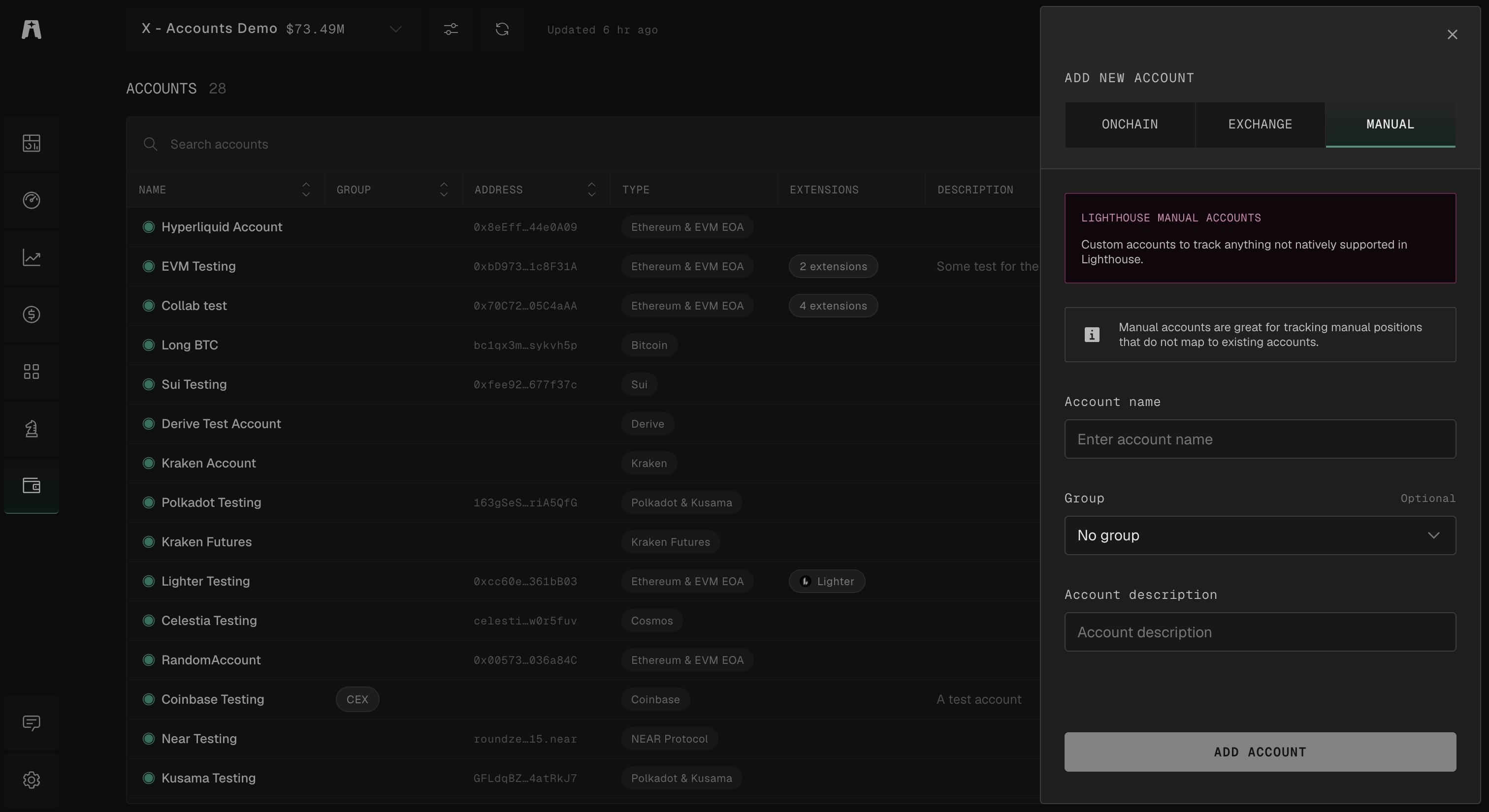 Add a Manual account - Lighthouse