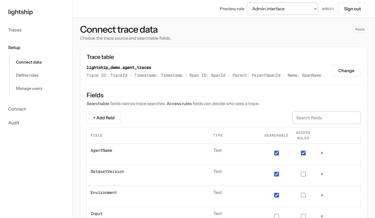 LightShip Connect trace data screen with table and field mapping