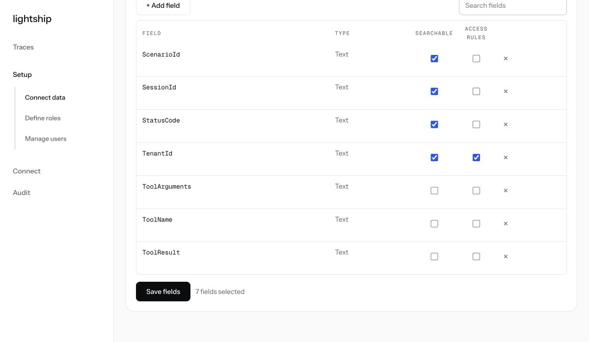 Field configuration showing searchable and access-rule controls