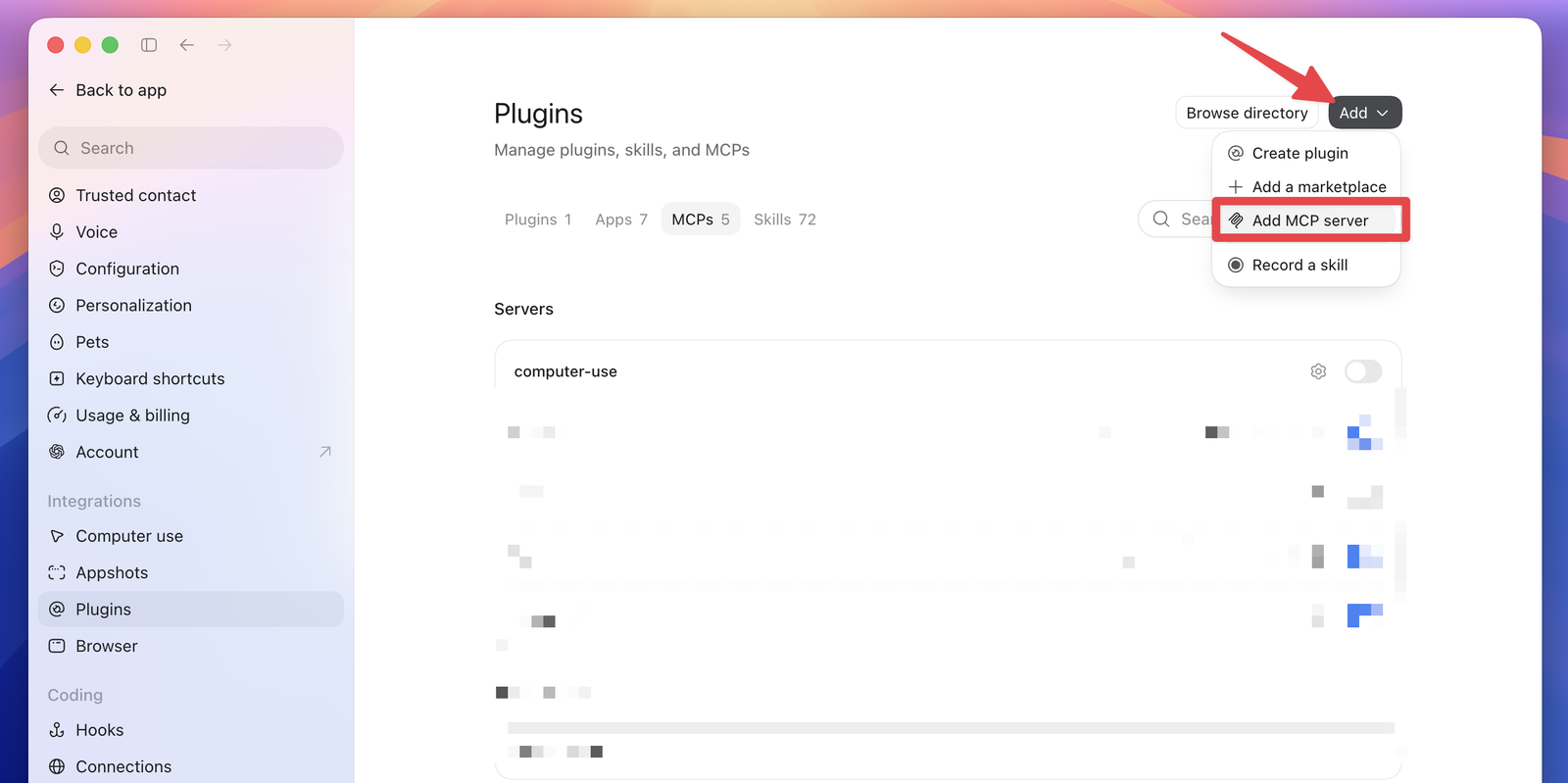 The Plugins page in ChatGPT settings, with the Add menu open and Add MCP server highlighted