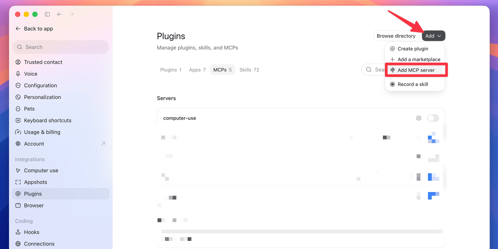 The Plugins page in ChatGPT settings, with the Add menu open and Add MCP server highlighted